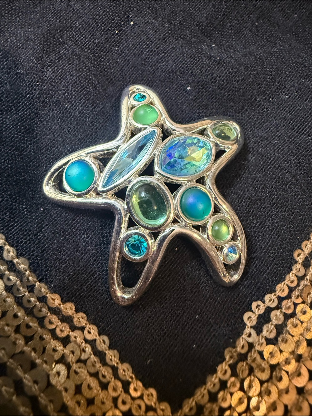 Monet Silver-Tone Starfish Brooch with Blue and Green Stones